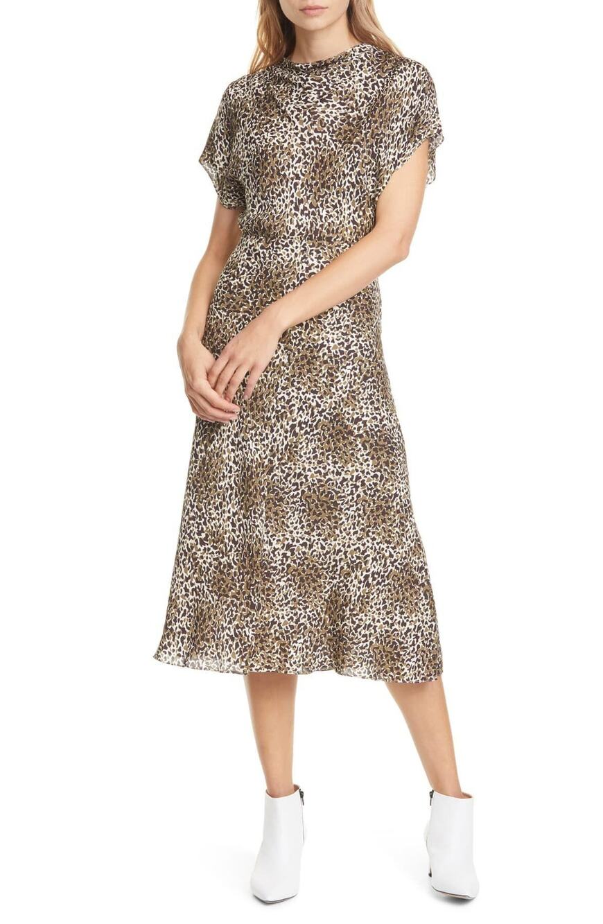 Lewit Drape Neck Midi Dress Brown Leopard Print Women's Size 6